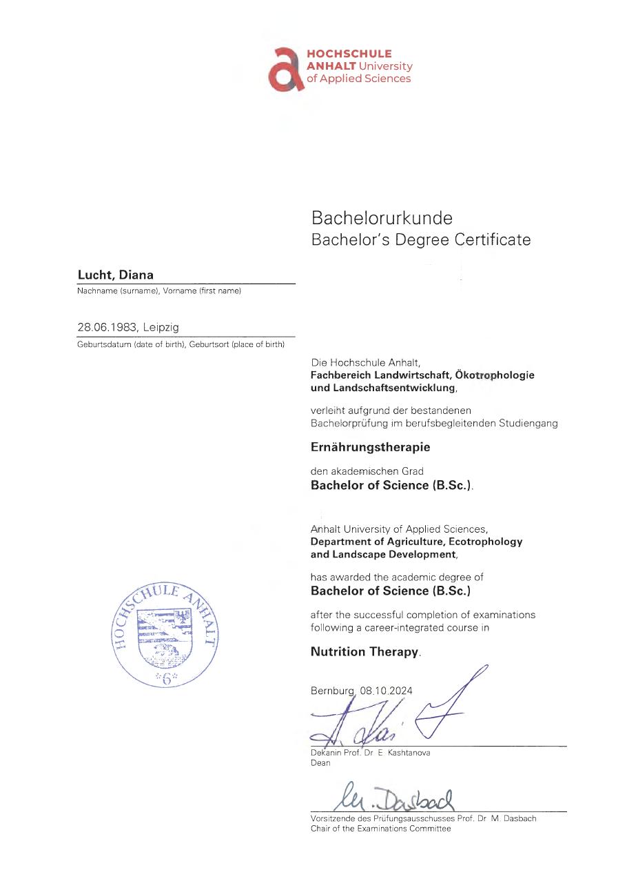 Bachelorurkunde: Bachelor of Science Ernährungstherapie, Hochschule Anhalt