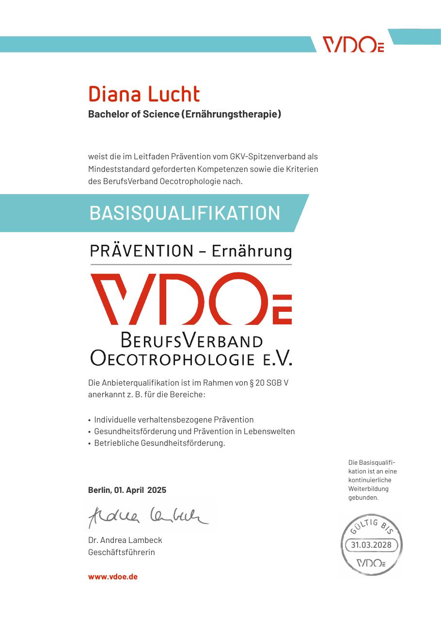 VDOE-Basisqualifikation Prävention – Ernährung von Diana Lucht