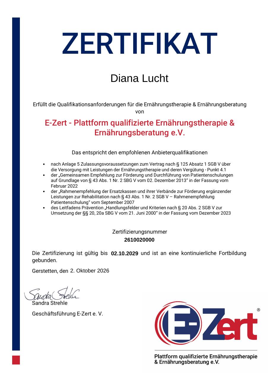 Zertifikat der E-Zert-Plattform qualifizierte Ernährungstherapie & Ernährungsberatung e. V.