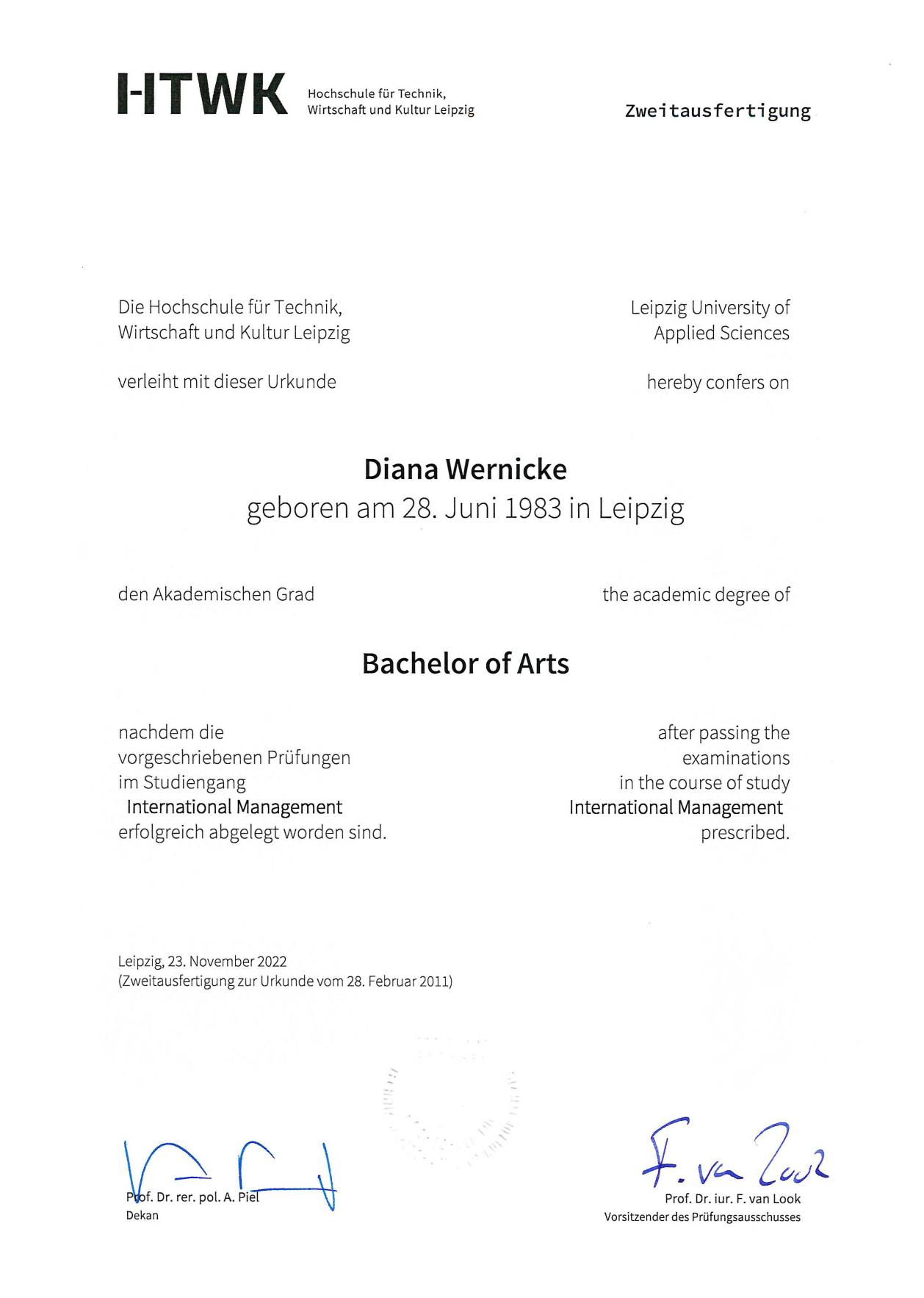 Bachelorurkunde: Bachelor of Arts International Management, Hochschule für Technik, Wirtschaft und Kultur Leipzig