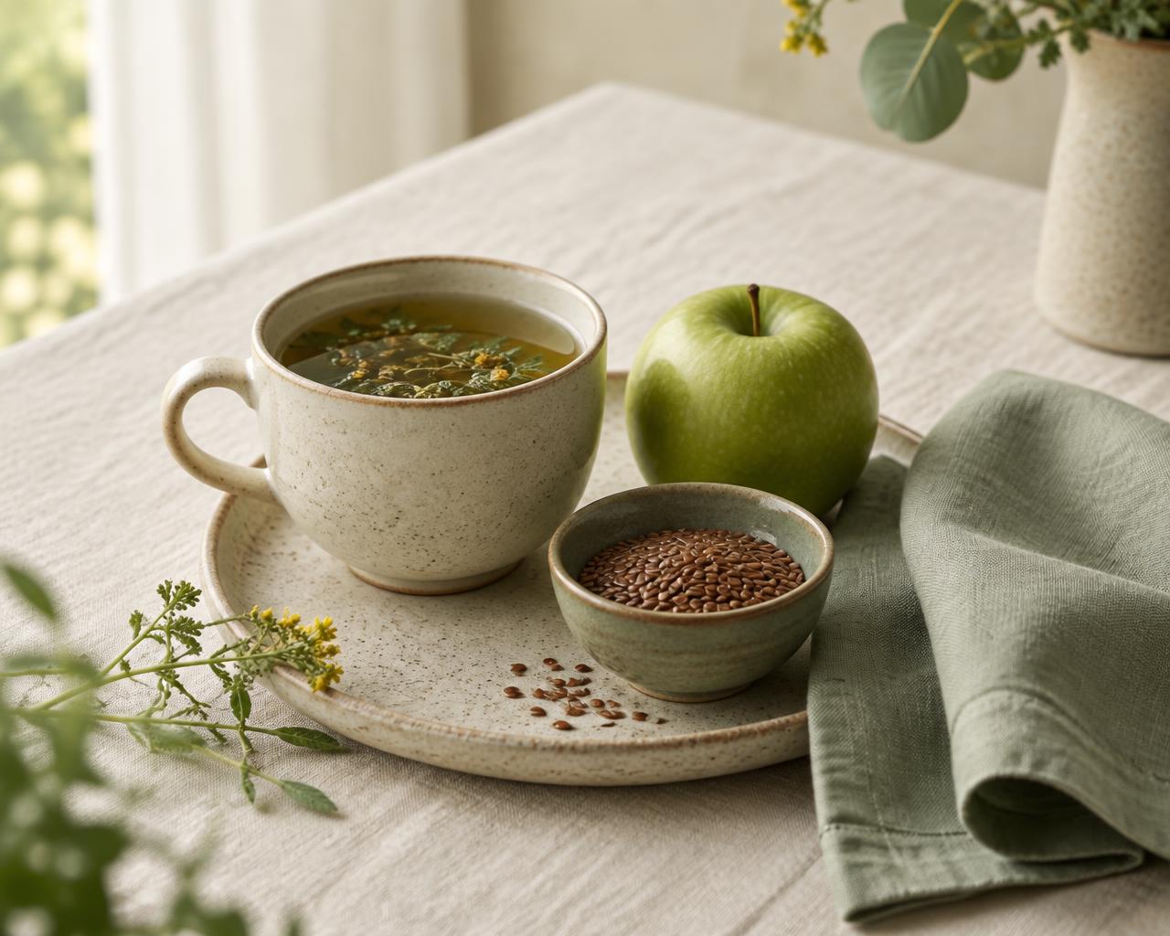 Ruhige Stillleben-Aufnahme mit Kräutertee, Leinsamen und grünem Apfel auf hellem Leinen